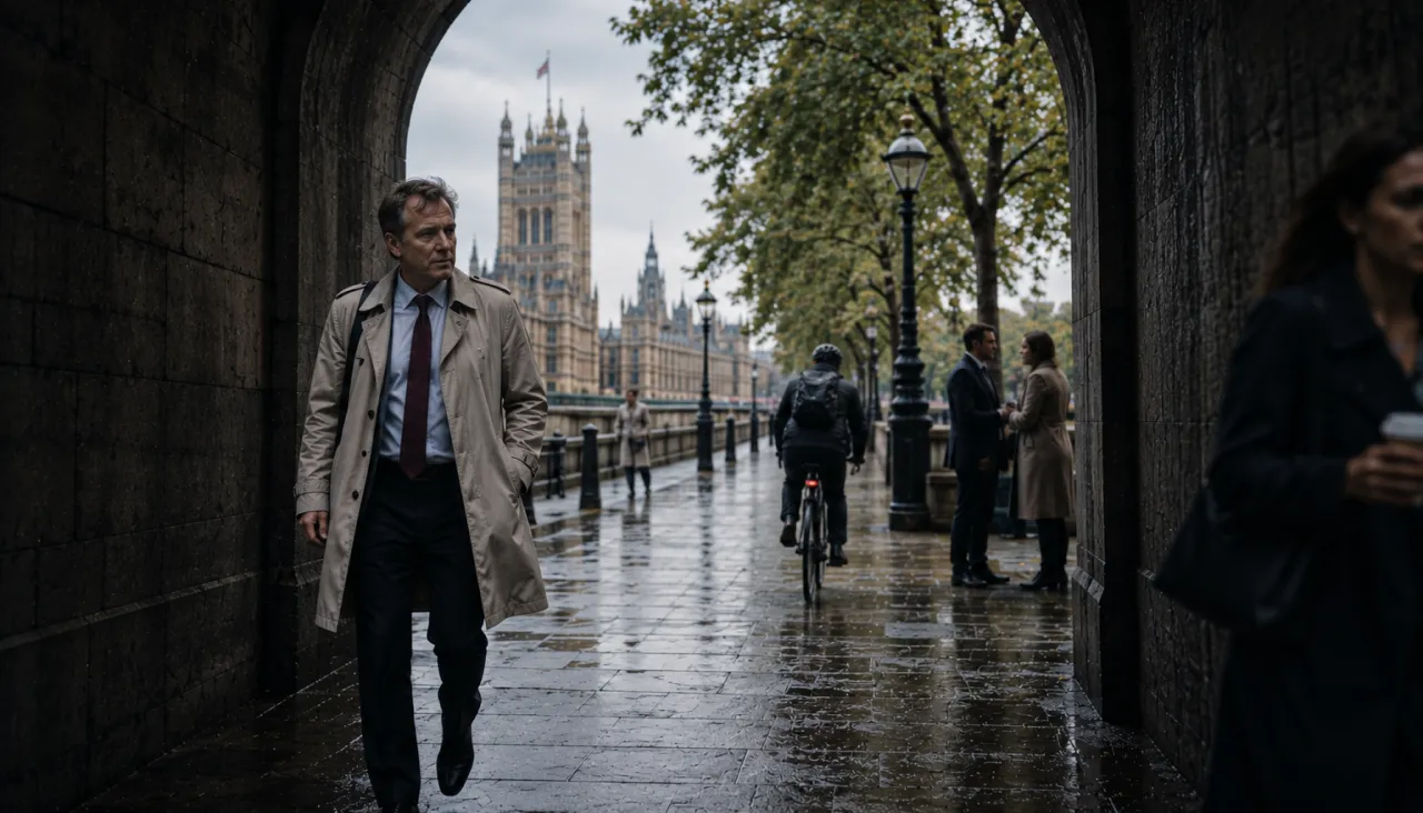 Man in trench coat walks through an archway with Houses of Parliament in wet London street.