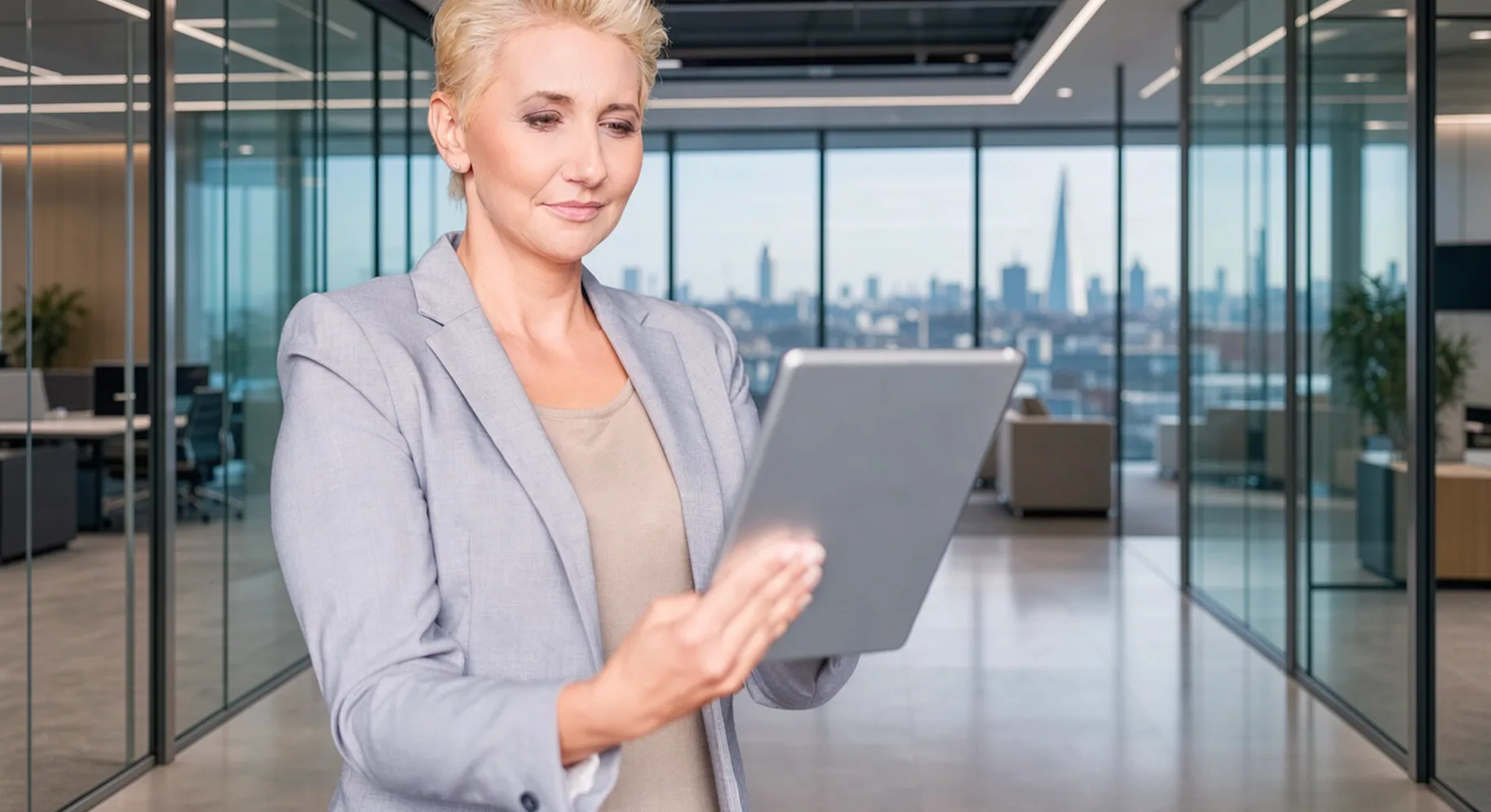 Business professional using a tablet in a modern office with glass walls and city views