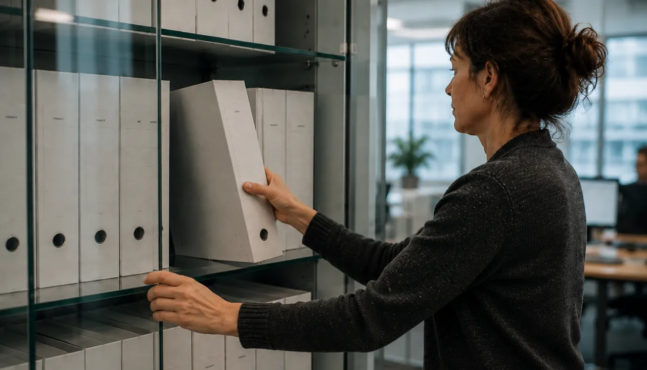 Woman retrieves a white binder from a glass-fronted office cabinet filled with documents.