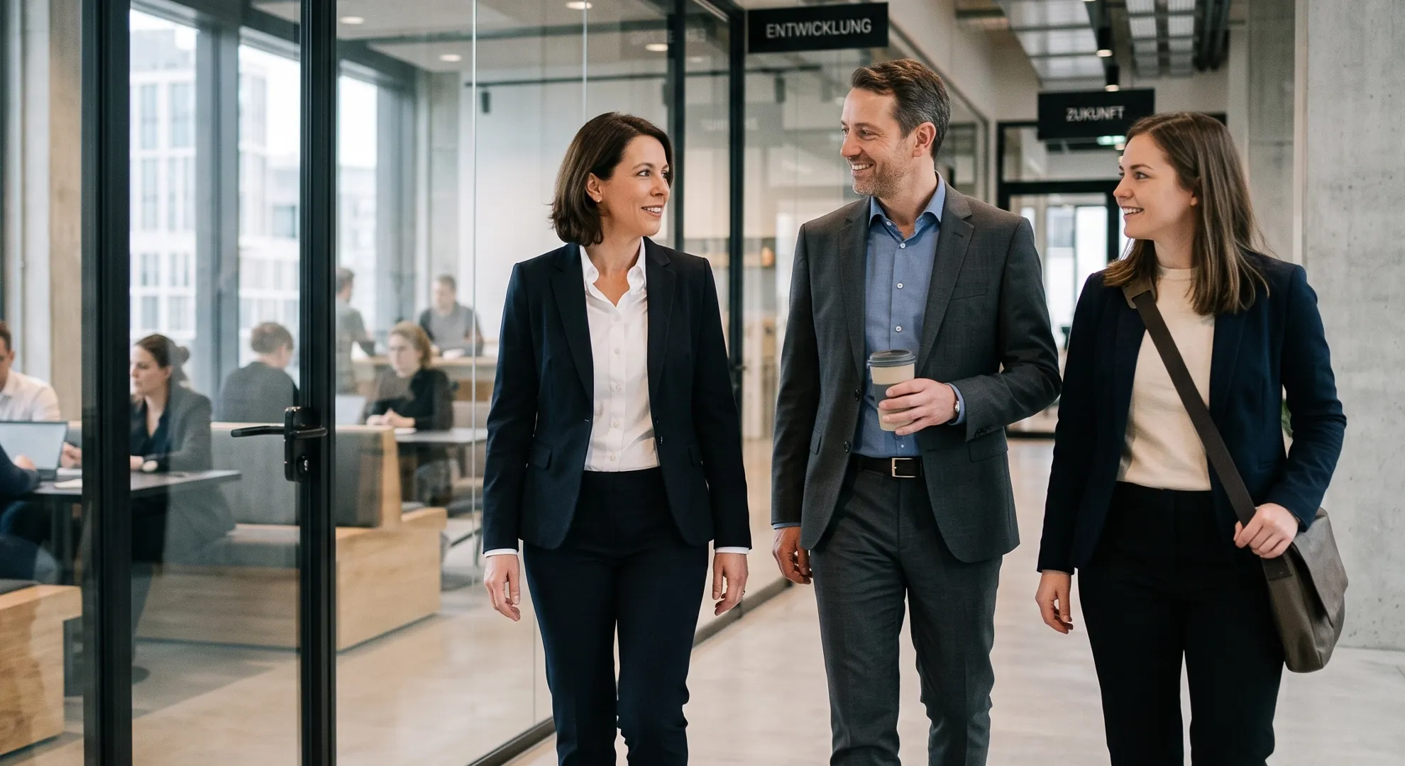 Group of colleagues walking together along the office corridor