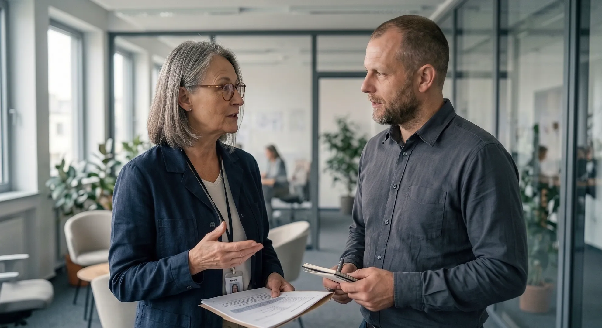 Two business professionals discussing documents and reviewing information in a modern office