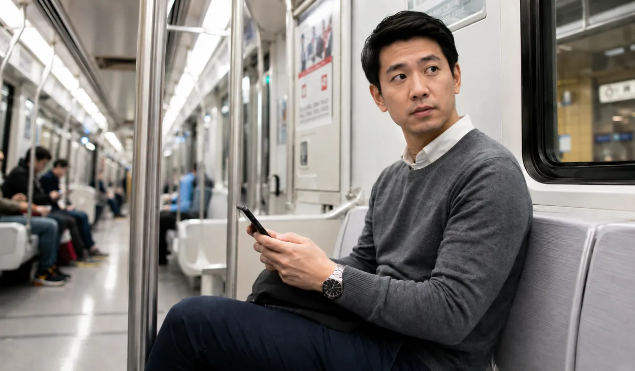A man sits on a subway train, holding his phone and looking out the window.
