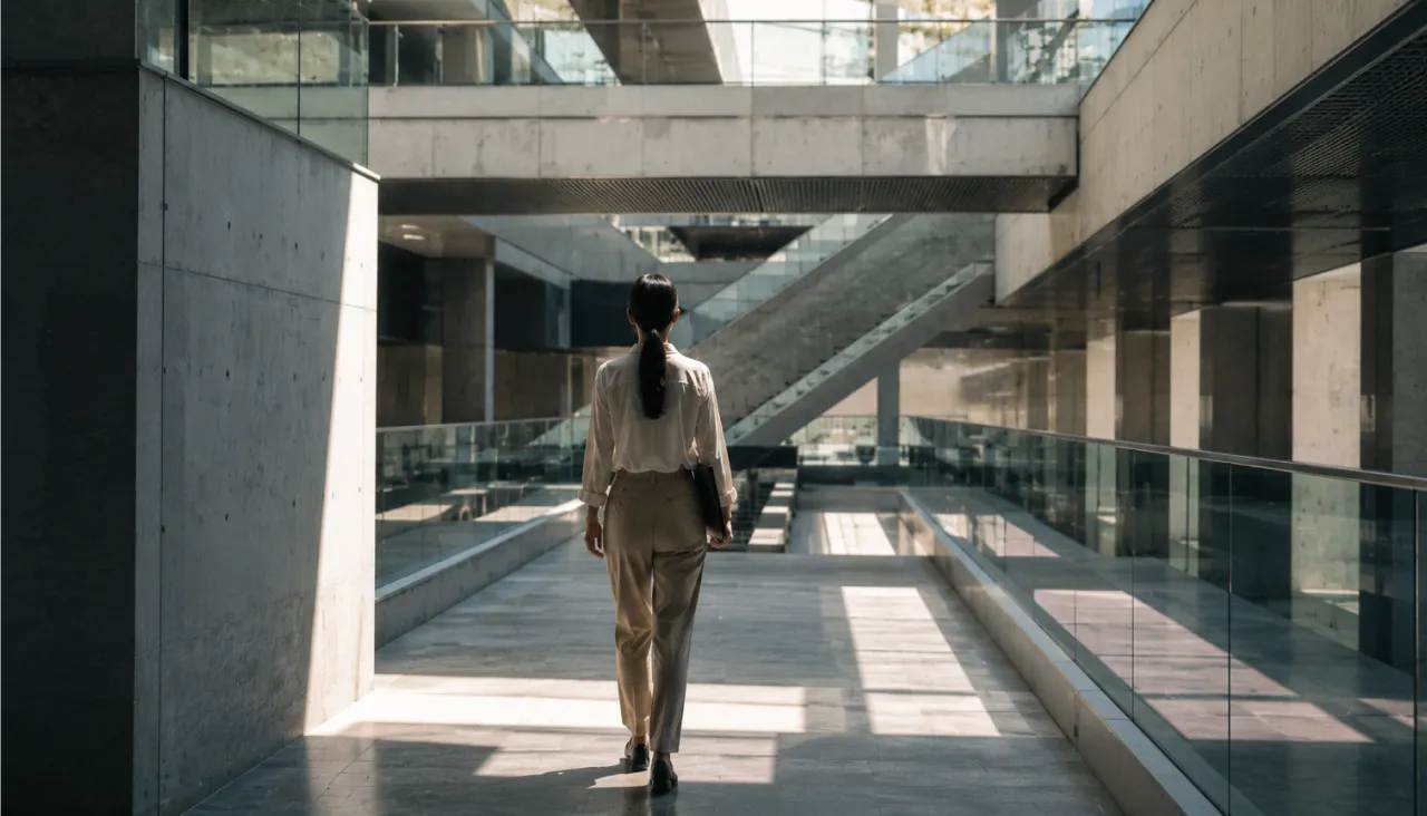 A woman walks through a modern, sunlit concrete and glass building with high ceilings.