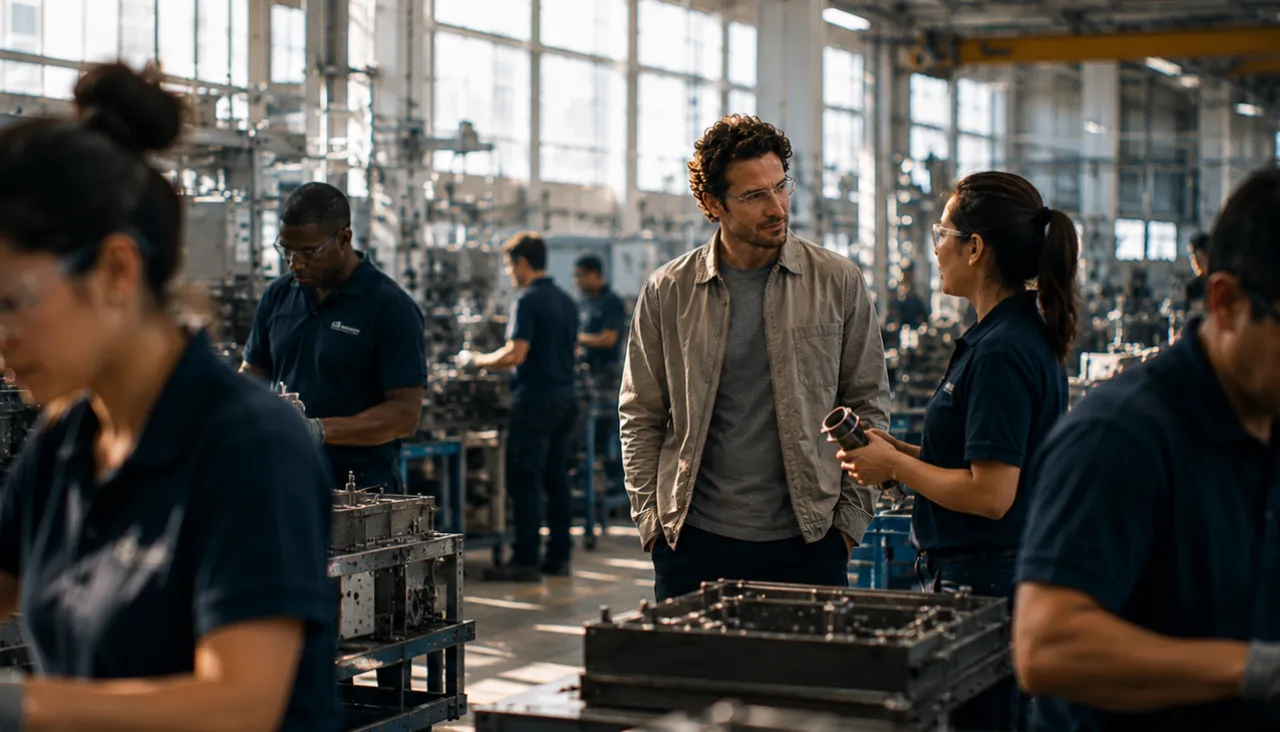 A man in a light jacket talks to a woman in a blue uniform within a factory setting.
