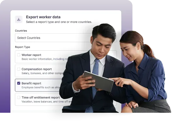 Two colleagues on a tablet exporting a benefits report by country from the Safeguard Global platform