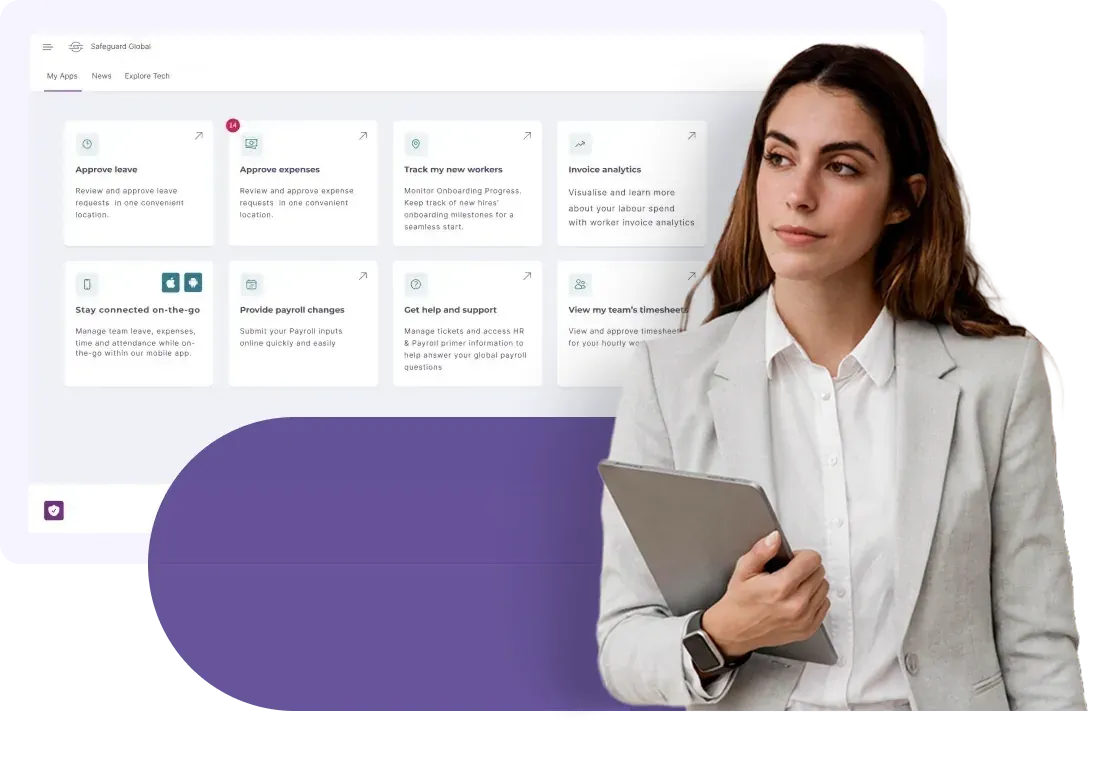 Self-service HR dashboard for approving leave and expenses, tracking new hires, submitting payroll changes and getting support
