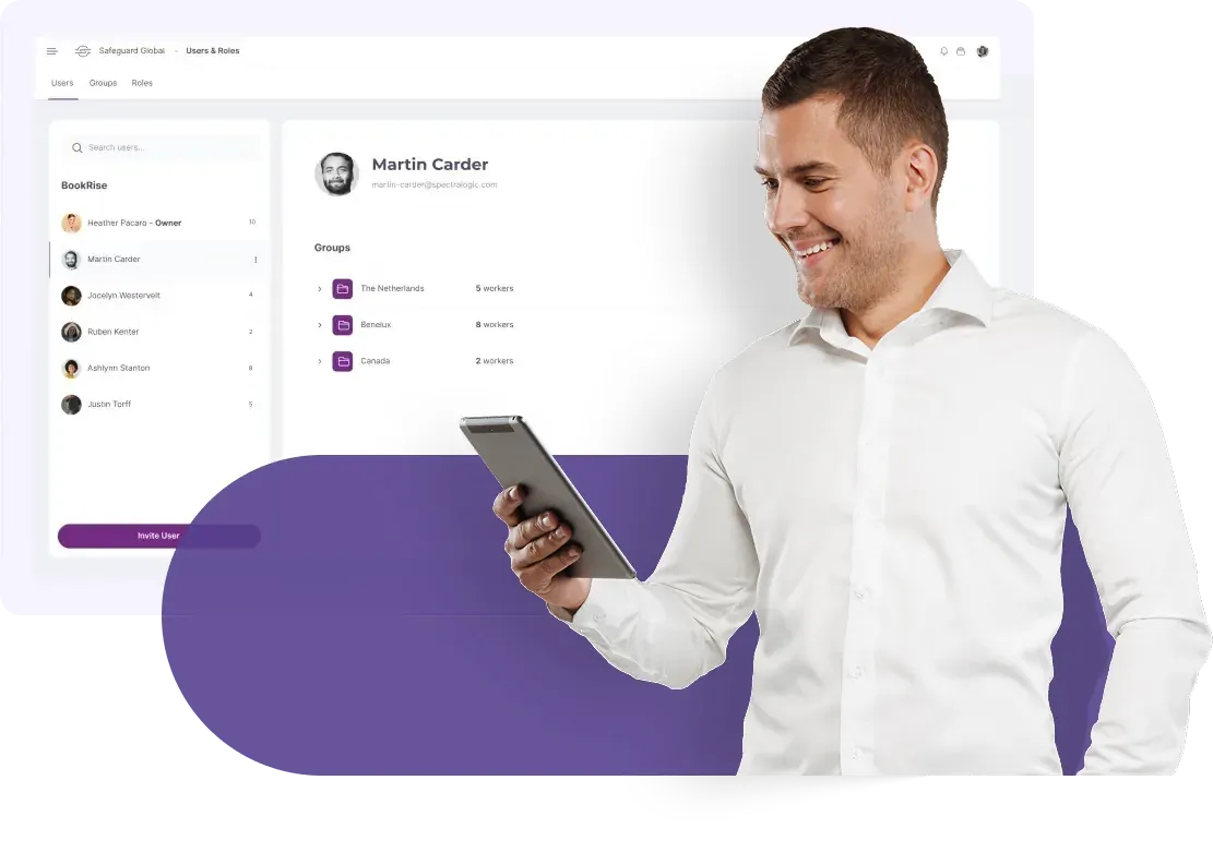 Manager on a tablet managing user roles and team groups by country in the Safeguard Global platform
