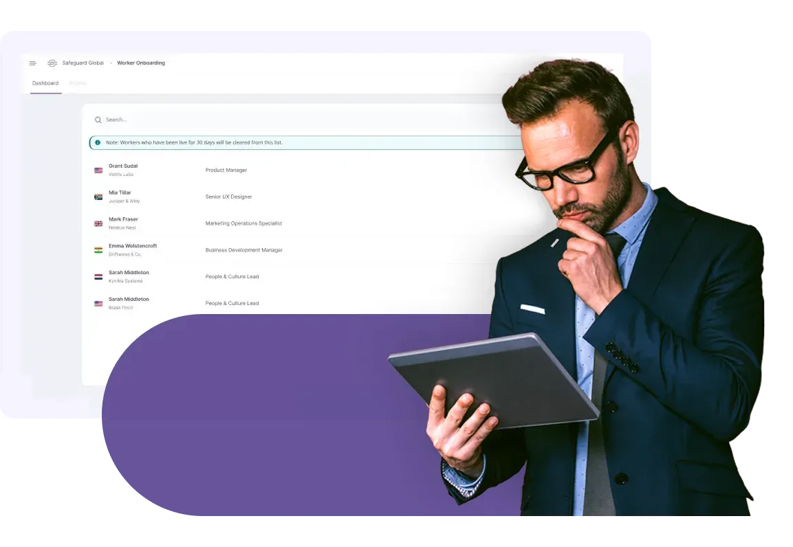 HR leader reviewing new hires and their roles on the Safeguard Global worker onboarding dashboard
