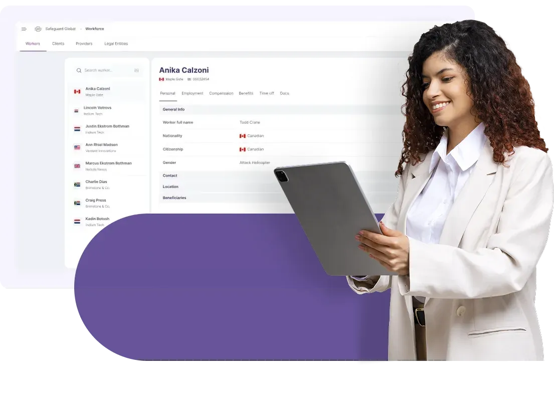 HR professional viewing a worker’s profile with personal, employment, compensation, benefits and time-off details