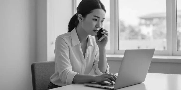 Woman on cell phone in home office