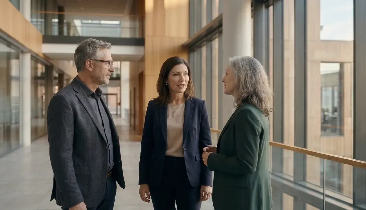 Three HR leaders talking together in a modern office atrium with floor-to-ceiling windows