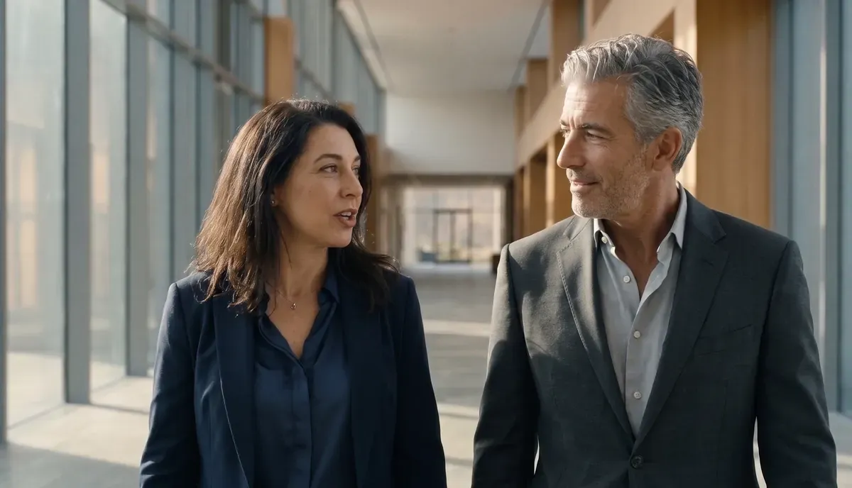 Two business leaders in conversation while walking through a bright, modern office corridor