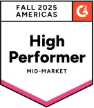 G2 High Performer recognition for Mid-Market companies in the Americas region