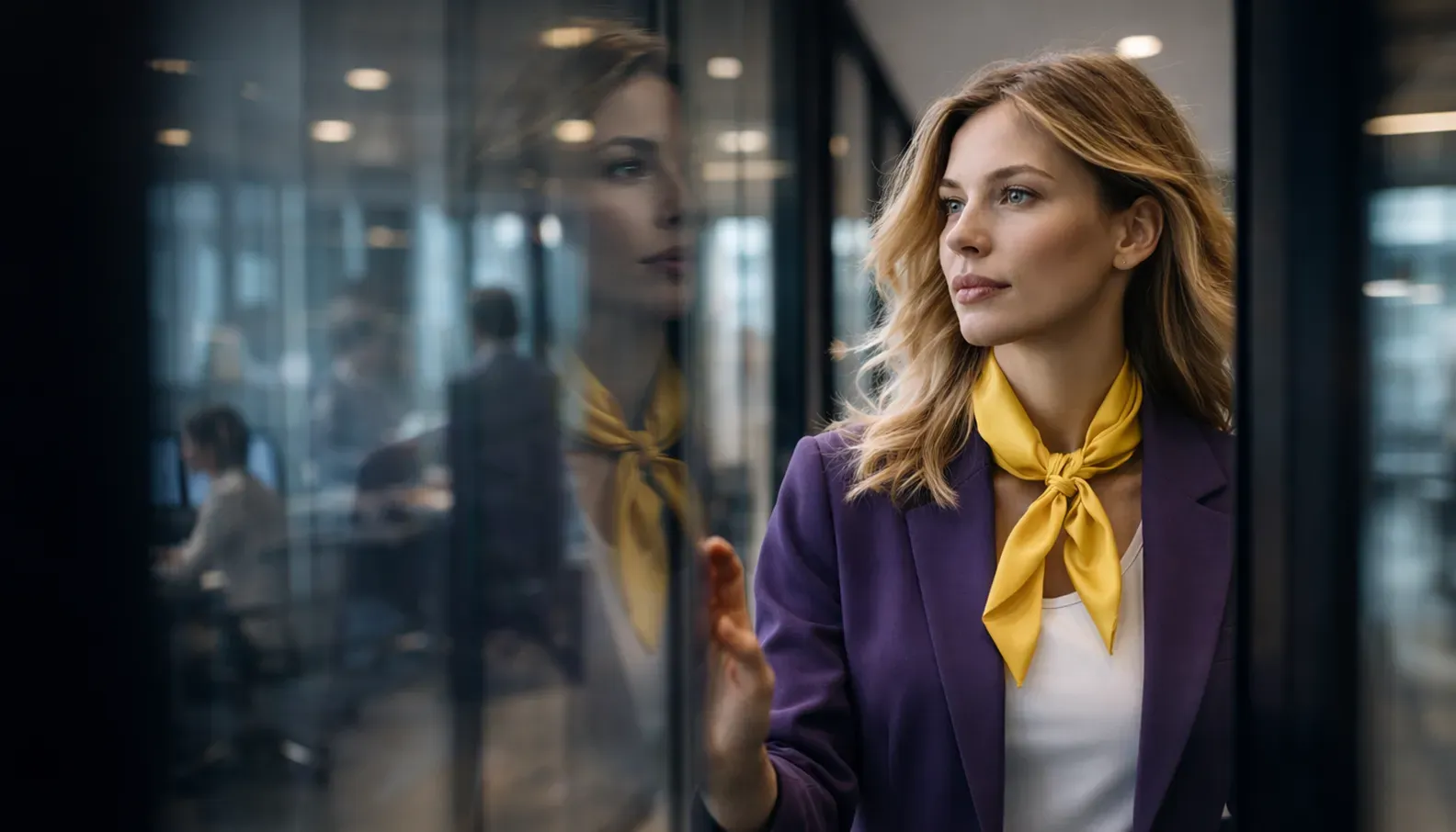 Blonde woman in purple blazer and yellow scarf looking contemplatively through a glass wall.
