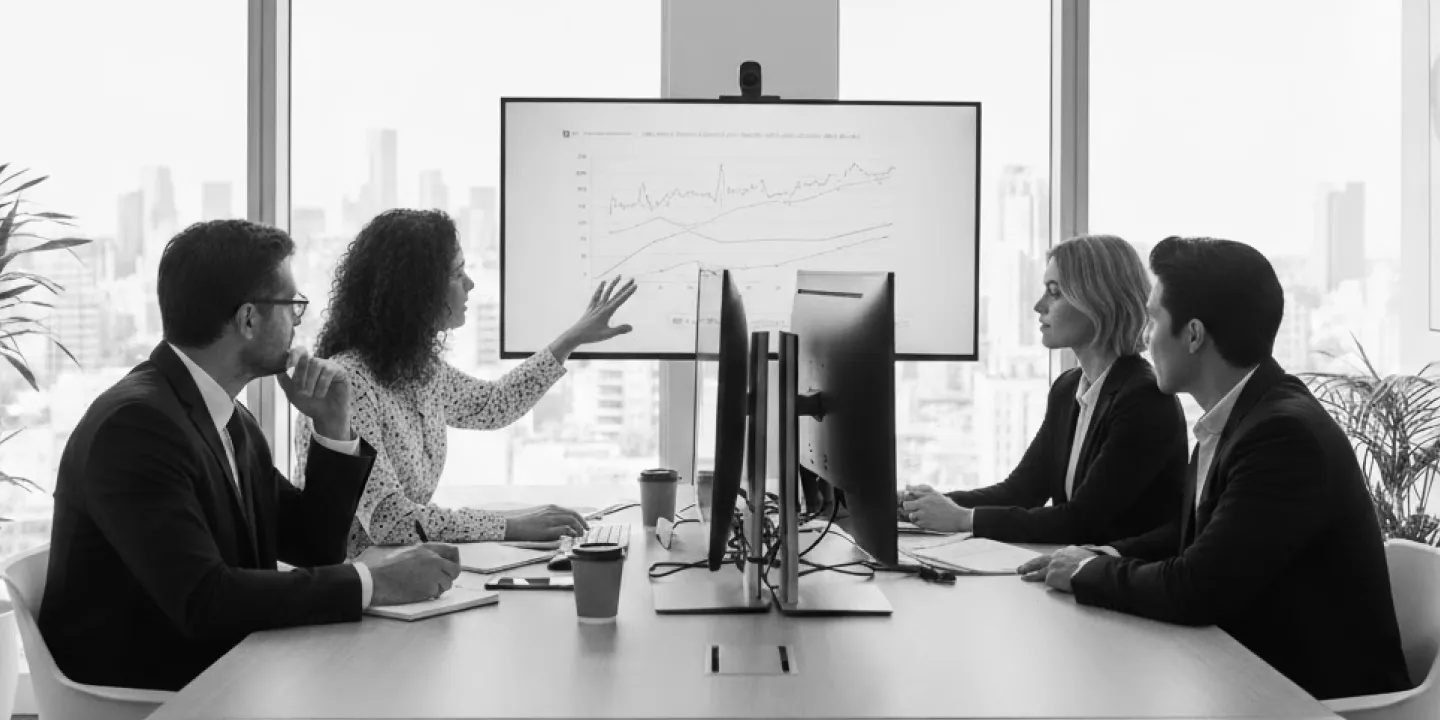 Team in a meeting looking at statistics