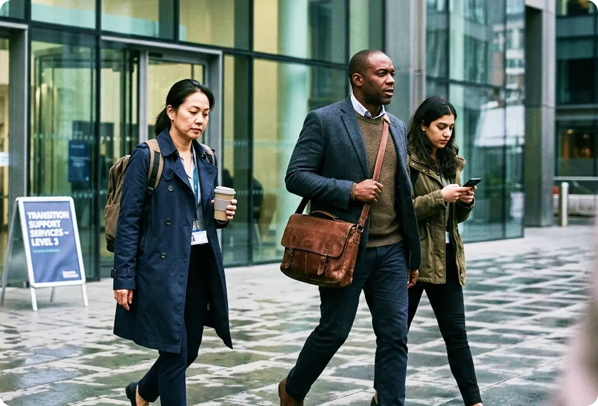 Three diverse professionals walk purposefully on a city sidewalk past a modern building.