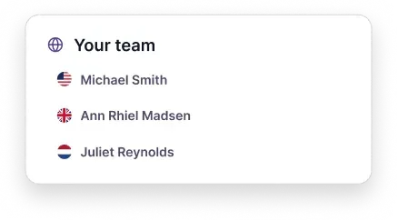 Team list displaying Michael Smith (USA), Ann Rhiel Madsen (UK), Juliet Reynolds (Netherlands).